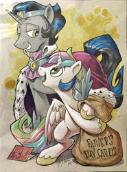 Size: 1920x2596 | Tagged: safe, artist:andypriceart, idw, imported from derpibooru, king sombra, oc, oc:ian, oc:ian denney, alicorn, pony, unicorn, alicorn oc, commission, eye contact, father and child, father and son, good king sombra, horn, looking at each other, male, offspring, open mouth, open smile, parent:king sombra, parent:princess celestia, parents:celestibra, side hug, smiling, stallion, wings