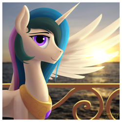 Size: 2600x2600 | Tagged: safe, artist:dash wang, imported from derpibooru, princess celestia, alicorn, pony, backlighting, female, high res, horn, ocean, solo, sunset, wings