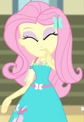 Size: 1920x2792 | Tagged: safe, imported from derpibooru, screencap, fluttershy, equestria girls, equestria girls series, fluttershy's butterflies, clothes, cropped, cute, cutie mark, cutie mark on clothes, female, fluttershy boho dress, fluttershy's butterflies: applejack, geode of fauna, hairpin, jewelry, magical geodes, necklace, shyabetes, smiling, solo