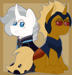 Size: 3906x4030 | Tagged: safe, imported from derpibooru, oc, oc:dawn strike, oc:mysterious stranger, changeling, unicorn, duo, yellow changeling