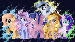 Size: 2460x1376 | Tagged: safe, artist:xxcheerupxxx, imported from derpibooru, oc, oc only, oc:fleeting rainbow, oc:florenshy, oc:lyla, oc:night riddle, oc:split apple, oc:sweet party, dracony, dragon, earth pony, hybrid, pegasus, pony, unicorn, abstract background, base used, female, freckles, gift art, interspecies offspring, male, mare, offspring, parent:applejack, parent:big macintosh, parent:flash sentry, parent:fluttershy, parent:pinkie pie, parent:pokey pierce, parent:quibble pants, parent:rainbow dash, parent:rarity, parent:spike, parent:trenderhoof, parent:twilight sparkle, parents:flashlight, parents:fluttermac, parents:pokeypie, parents:quibbledash, parents:sparity, parents:trenderjack, stallion, unshorn fetlocks