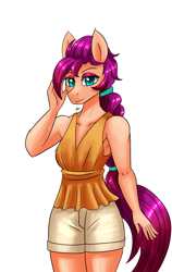 Size: 1200x1900 | Tagged: safe, artist:zachc, imported from derpibooru, sunny starscout, anthro, earth pony, braid, clothes, female, g5, looking at you, shorts, simple background, solo, white background