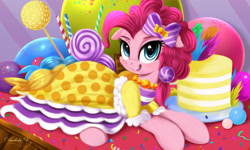 Size: 3000x1800 | Tagged: safe, artist:darksly, imported from derpibooru, pinkie pie, earth pony, pony, blushing, bow, cake, candy, clothes, confetti, cute, diapinkes, dress, female, floppy ears, food, gala dress, happy, jewelry, lollipop, looking at you, lying down, mare, necklace, open mouth, open smile, prone, smiling, smiling at you, sweets