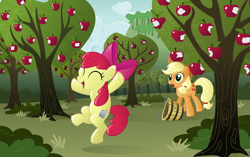 Size: 8000x5010 | Tagged: safe, artist:blackgryph0n, imported from derpibooru, apple bloom, applejack, earth pony, pony, apple, apple (company), apple tree, cutie mark, female, filly, food, herbivore, jumping, mare, orchard, tree