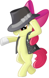 Size: 3122x5000 | Tagged: safe, artist:blackgryph0n, imported from derpibooru, apple bloom, earth pony, pony, beat it, bipedal, clothes, cosplay, costume, dancing, female, filly, grin, hat, hoof glove, jacket, looking at you, michael jackson, smiling, solo, standing on two hooves, suit