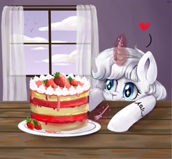 Size: 2333x2160 | Tagged: safe, artist:ske, imported from derpibooru, oc, oc only, pony, unicorn, cake, cloud, commission, food, fork, heart, high res, solo, strawberry cake, window