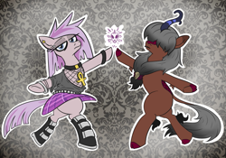 Size: 853x596 | Tagged: safe, artist:jargon scott, imported from derpibooru, oc, oc only, oc:kaumaha ekahi, oc:nada phase, earth pony, kirin, pony, abstract background, ankh, boots, clothes, duo, ear piercing, earring, female, fishnets, goth, hair over eyes, jewelry, kirin oc, lidded eyes, mare, piercing, shoes, skirt