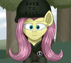 Size: 2416x2154 | Tagged: safe, artist:wailks, artist:zweihander, imported from derpibooru, fluttershy, pegasus, pony, equestria at war, equestria at war mod, bust, clothes, cute, digital art, ear fluff, female, full metal jacket, high res, mare, military, military uniform, portrait, solo, text, uniform, vietnam war, war