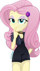 Size: 1000x1789 | Tagged: safe, artist:steyrrdash, imported from derpibooru, fluttershy, equestria girls, breasts, cleavage, clothes, female, looking at you, show accurate, simple background, smiling, solo, transparent background, vector