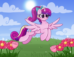 Size: 6352x4900 | Tagged: safe, artist:kittyrosie, imported from derpibooru, princess cadance, alicorn, pony, absurd resolution, alternate hairstyle, blushing, bow, chest fluff, cloud, cute, cutedance, female, flower, flying, grass, hair bow, mare, redraw, sky, solo, teen princess cadance