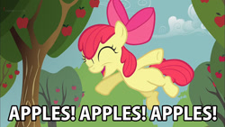 Size: 960x540 | Tagged: safe, edit, edited screencap, imported from derpibooru, screencap, apple bloom, earth pony, pony, call of the cutie, season 1, apple, eyes closed, female, filly, herbivore, open mouth, open smile, smiling, solo, text, that pony sure does love apples