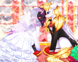 Size: 4000x3179 | Tagged: safe, artist:krissstudios, imported from derpibooru, oc, oc only, pegasus, pony, clothes, dress, female, mare, marriage, suit, wedding, wedding dress