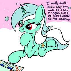 Size: 2000x2000 | Tagged: safe, artist:dafiltafish, imported from derpibooru, lyra heartstrings, oc, oc:hedone, pony, unicorn, comic:day by day, cloud, dialogue, female, game, high res, implied marriage, lesbian, monopoly, shapeshifter, solo, text