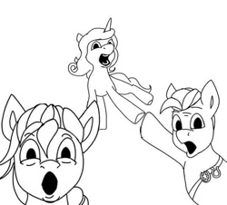 Size: 600x542 | Tagged: safe, imported from derpibooru, hitch trailblazer, izzy moonbow, sunny starscout, earth pony, pony, unicorn, :o, bing bong, black and white, g5, grayscale, lineart, meme, monochrome, open mouth, pointing, soyjak, trio, wat, wojak