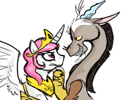 Size: 420x338 | Tagged: safe, artist:derples, artist:laura frick, artist:melongifts, imported from derpibooru, discord, princess celestia, alicorn, draconequus, pony, dislestia, eye contact, female, grin, jewelry, looking at each other, male, pink-mane celestia, regalia, sharp teeth, shipping, smiling, straight, teeth