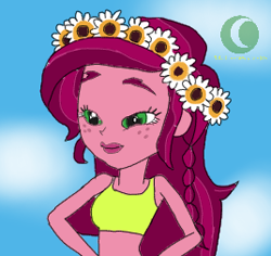 Size: 268x253 | Tagged: safe, artist:phineasmania, imported from derpibooru, gloriosa daisy, equestria girls, legend of everfree, braid, bust, clothes, female, flower, flower in hair, freckles, solo, sports bra