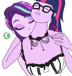 Size: 450x470 | Tagged: safe, artist:phineasmania, imported from derpibooru, sci-twi, starlight glimmer, twilight sparkle, equestria girls, beanie, bust, eyes closed, female, glasses, hat, lesbian, neck biting, shipping, simple background, twistarlight, white background