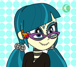 Size: 410x359 | Tagged: safe, artist:phineasmania, imported from derpibooru, juniper montage, equestria girls, bust, clothes, face paint, female, glasses, polka dot background, smiling