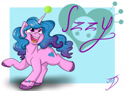 Size: 2200x1600 | Tagged: safe, artist:takutanuvataio, imported from derpibooru, izzy moonbow, pony, unicorn, ball, blue background, cutie mark, female, g5, horn, hornball, izzy's tennis ball, mare, open mouth, signature, simple background, solo, tennis ball, text