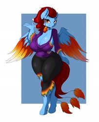 Size: 1664x2048 | Tagged: safe, artist:suirano, imported from derpibooru, oc, oc only, oc:lyn static flare, anthro, pegasus, unguligrade anthro, big breasts, breasts, clothes, commission, digital art, female, looking at you, pants, pose, shirt, solo, solo female, spread wings, tail, thighs, thunder thighs, wide hips, wings