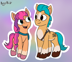Size: 836x718 | Tagged: safe, artist:artyanimated, artist:cartoonwishes, imported from derpibooru, hitch trailblazer, sunny starscout, earth pony, pony, bag, blurry background, duo, female, g5, looking at each other, looking at someone, male, mare, my little pony: a new generation, redraw, signature, stallion, standing