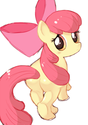 Size: 500x714 | Tagged: safe, artist:うにだま, imported from derpibooru, apple bloom, earth pony, pony, adorabloom, bloom butt, butt, cute, female, filly, frown, looking at you, looking back, looking back at you, plot, puppy dog eyes, solo