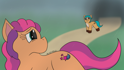 Size: 1280x720 | Tagged: safe, artist:artyanimated, artist:cartoonwishes, imported from derpibooru, hitch trailblazer, sunny starscout, earth pony, pony, duo, female, g5, looking at each other, male, mare, path, sad, stallion