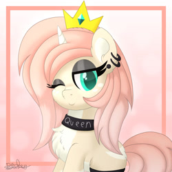 Size: 1280x1280 | Tagged: safe, artist:itsnovastarblaze, imported from derpibooru, oc, oc only, pony, unicorn, chest fluff, clothes, crown, ear piercing, earring, eyeshadow, female, fluffy, jewelry, makeup, mare, one eye closed, piercing, regalia, sitting, socks, solo, wink