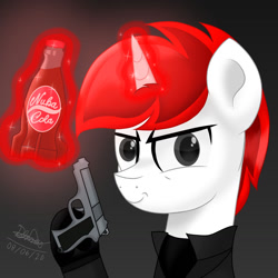 Size: 1280x1280 | Tagged: safe, artist:itsnovastarblaze, imported from derpibooru, oc, oc only, oc:atlas, pony, unicorn, clothes, gun, handgun, jacket, levitation, magic, magic aura, male, nuka cola, pistol, smiling, smirk, soda, solo, stallion, telekinesis, weapon