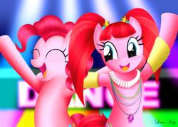 Size: 3500x2500 | Tagged: safe, artist:leonkay, imported from derpibooru, pacific glow, pinkie pie, earth pony, pony, bipedal, duo, duo female, eyes closed, female, high res, open mouth, open smile, smiling