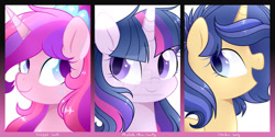 Size: 1280x640 | Tagged: safe, artist:auroranovasentry, imported from derpibooru, oc, oc only, oc:aurora nova, oc:starflight sparkle, oc:starshine sentry, alicorn, pony, unicorn, female, interdimensional siblings, mare, offspring, parent:flash sentry, parent:twilight sparkle, parents:flashlight