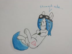 Size: 4000x3000 | Tagged: safe, artist:cherro, imported from derpibooru, oc, oc only, oc:mal, pony, dock, goggles, solo, stomach ache, traditional art