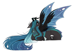 Size: 1583x1125 | Tagged: safe, artist:inspiredpixels, imported from derpibooru, oc, oc only, changeling, pony, changeling oc, floppy ears, freckles, lying down, signature, simple background, solo, spread wings, transparent background, wings
