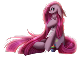 Size: 2865x2094 | Tagged: safe, artist:inspiredpixels, imported from derpibooru, pinkie pie, oc, oc only, earth pony, pony, fanfic:cupcakes, cupcake, female, food, high res, knife, mare, pinkamena diane pie, rainbow cupcake, simple background, sitting, solo, transparent background