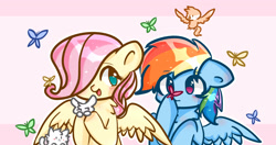 Size: 2240x1181 | Tagged: source needed, safe, artist:嗆殺莋業, imported from derpibooru, fluttershy, rainbow dash, butterfly, cat, pegasus, pony, rabbit, animal, blushing, butterfly on nose, cute, hair over one eye, insect on nose, open mouth, open smile, smiling