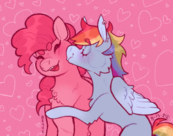 Size: 771x607 | Tagged: safe, artist:beyhr, imported from derpibooru, pinkie pie, rainbow dash, earth pony, pegasus, pony, beanbrows, blushing, cheek kiss, chest fluff, duo, ear piercing, earring, eyebrows, eyes closed, female, happy, heart, hug, jewelry, kissing, lesbian, piercing, pinkiedash, shipping, smiling