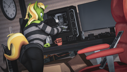 Size: 3840x2160 | Tagged: safe, artist:arcanetesla, imported from derpibooru, oc, oc only, oc:mysti tesla, anthro, unicorn, 3d, ass, butt, chair, clothes, computer, gaming chair, high res, keyboard, monitor, mug, office chair, pants, room, solo, striped sweater, sweater