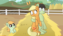 Size: 1715x995 | Tagged: safe, artist:colorcodetheartist, artist:estories, derpibooru exclusive, imported from derpibooru, applejack, oc, oc:coy crispin, pony, chorojack, choromatsu, crossover, crossover ship offspring, crossover shipping, female, male, nervous, offspring, osomatsu-san, parent:applejack, parent:choromatsu matsuno, ponified, shipper on deck, shipping, straight