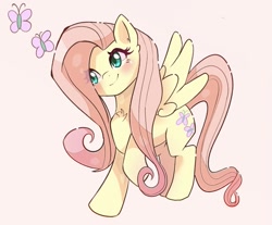 Size: 895x742 | Tagged: safe, artist:nin10ja, imported from derpibooru, fluttershy, butterfly, pegasus, pony, blushing, chest fluff, cute, female, head tilt, looking at something, mare, raised hoof, shyabetes, simple background, smiling, solo, spread wings, three quarter view, wings