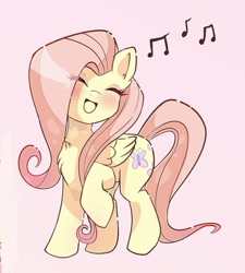 Size: 697x776 | Tagged: safe, artist:nin10ja, imported from derpibooru, fluttershy, pegasus, pony, blush sticker, blushing, chest fluff, cute, daaaaaaaaaaaw, eyes closed, female, folded wings, head turned, mare, music notes, open mouth, pink background, raised hoof, shyabetes, simple background, singing, smiling, solo, turned head, wings