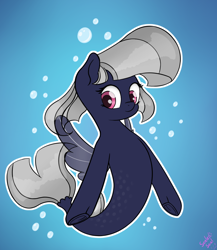 Size: 1000x1150 | Tagged: safe, artist:sealedseal, imported from derpibooru, oc, oc only, pegasus, pony, seapony (g4), blue background, bubble, dorsal fin, fin wings, fish tail, flowing mane, flowing tail, gray mane, looking at you, pink mane, seaponified, signature, simple background, smiling, solo, species swap, spread wings, swimming, tail, underwater, water, wings
