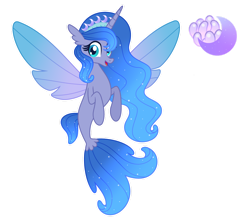 Size: 1280x1131 | Tagged: safe, artist:janeththeunicorn, imported from derpibooru, oc, oc only, alicorn, pony, seapony (g4), base used, blue eyes, blue mane, crown, dorsal fin, ethereal mane, eyelashes, female, fin wings, fish tail, flowing mane, flowing tail, horn, jewelry, looking at you, open mouth, regalia, seaponified, simple background, smiling, solo, species swap, spread wings, starry mane, tail, transparent background, wings