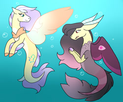 Size: 1280x1063 | Tagged: safe, artist:penultimate-wishes, imported from derpibooru, oc, oc only, hybrid, seapony (g4), blue background, bubble, crepuscular rays, dorsal fin, fangs, fin wings, fins, fish tail, flowing mane, flowing tail, jewelry, necklace, ocean, open mouth, simple background, smiling, sunlight, swimming, tail, underwater, water, wings