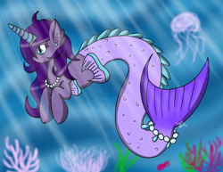Size: 2786x2153 | Tagged: safe, artist:angelskies, imported from derpibooru, oc, oc only, jellyfish, merpony, blue eyes, coral, crepuscular rays, deviantart watermark, eyelashes, female, fins, fish tail, flowing mane, flowing tail, high res, horn, jewelry, necklace, obtrusive watermark, ocean, pearl necklace, purple mane, seashell, smiling, solo, swimming, tail, underwater, water, watermark