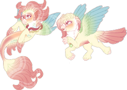 Size: 829x584 | Tagged: safe, artist:wytchwoods, imported from derpibooru, oc, oc only, classical hippogriff, hippogriff, seapony (g4), beak, blushing, chest fluff, dorsal fin, feather, fin wings, fins, fish tail, flowing mane, flowing tail, jewelry, necklace, open mouth, red eyes, simple background, smiling, solo, spread wings, tail, transparent background, wings