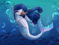 Size: 1280x989 | Tagged: safe, artist:rhazberriquartz, edit, imported from derpibooru, oc, oc only, fish, hybrid, merpony, original species, seapony (g4), beak, blue mane, bubble, colored pupils, crepuscular rays, eyelashes, female, fins, fish tail, flowing mane, flowing tail, logo, logo edit, looking at you, ocean, open mouth, pink eyes, seaponified, smiling, smiling at you, solo, species swap, swimming, tail, underwater, water