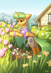 Size: 2480x3508 | Tagged: safe, artist:dandy, imported from derpibooru, oc, oc only, alicorn, pony, alicorn oc, basket, belt, blouse, clothes, female, flower, garden, high res, horn, jewelry, necklace, raffle prize, see-through, skirt, solo, wings