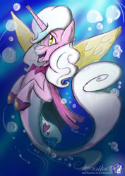 Size: 1654x2338 | Tagged: safe, artist:mad--munchkin, imported from derpibooru, oc, oc only, oc:mary sue, alicorn, merpony, pony, seapony (g4), bubble, crepuscular rays, dorsal fin, female, fin wings, fish tail, flowing mane, horn, open mouth, seaponfied, signature, solo, sunlight, swimming, tail, underwater, water, wings, yellow eyes