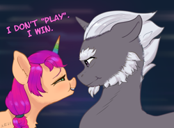 Size: 2102x1550 | Tagged: safe, artist:xbi, imported from derpibooru, sunny starscout, earth pony, pony, unicorn, spoiler:my little pony: a new generation, abstract background, alphabittle (g5), alphabittle blossomforth, beard, bushy brows, dialogue, duo, eye contact, facial hair, fake horn, female, g5, horn, looking at each other, male, mare, my little pony: a new generation, rainbow horn, scene interpretation, side view, sideburns, stallion