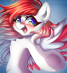 Size: 3687x4000 | Tagged: safe, artist:chaosangeldesu, imported from derpibooru, oc, oc only, oc:making amends, pegasus, pony, chest fluff, colored wings, commission, open mouth, open smile, smiling, solo, two toned wings, wings, ych result